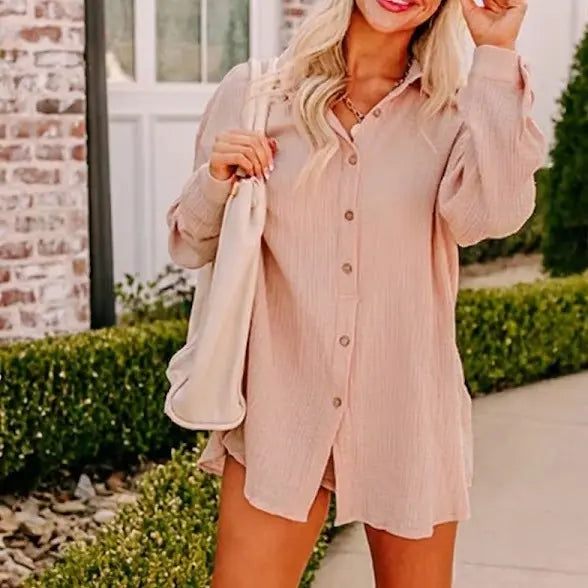Women's Gauze Button Long-Sleeved and Shorts Set
