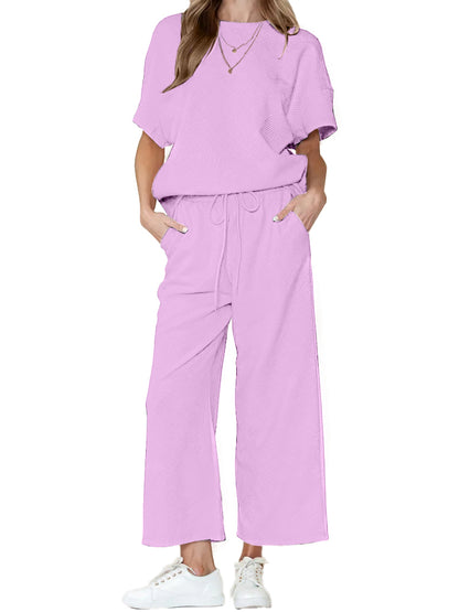 Women's Textured Loose Fit T Shirt and Drawstring Pants Casual Set (Buy 2 Free Shipping)