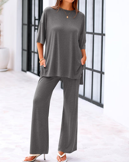 Casual 2-Piece Loose-Fit Short Sleeve Top & Wide-Leg Pants Set with Pockets (buy 2 free shipping!!!)