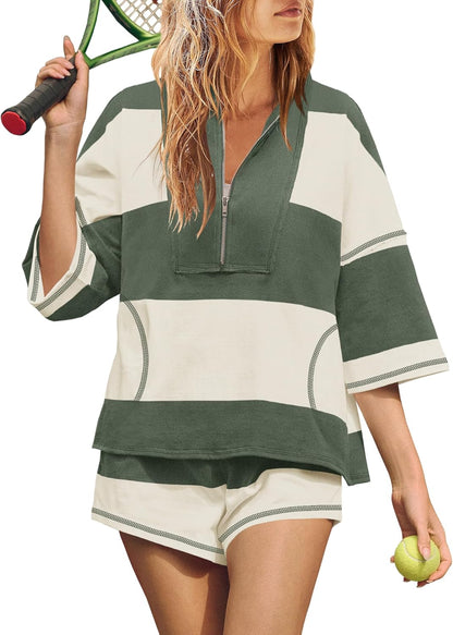 Women's Quarter Zip Color Block Top & Shorts Matching Set