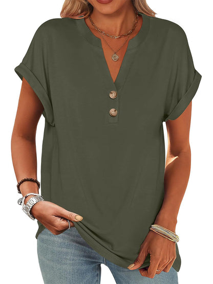 Women's V Neck Button Casual Loose Fit Short Sleeve Henley Tops