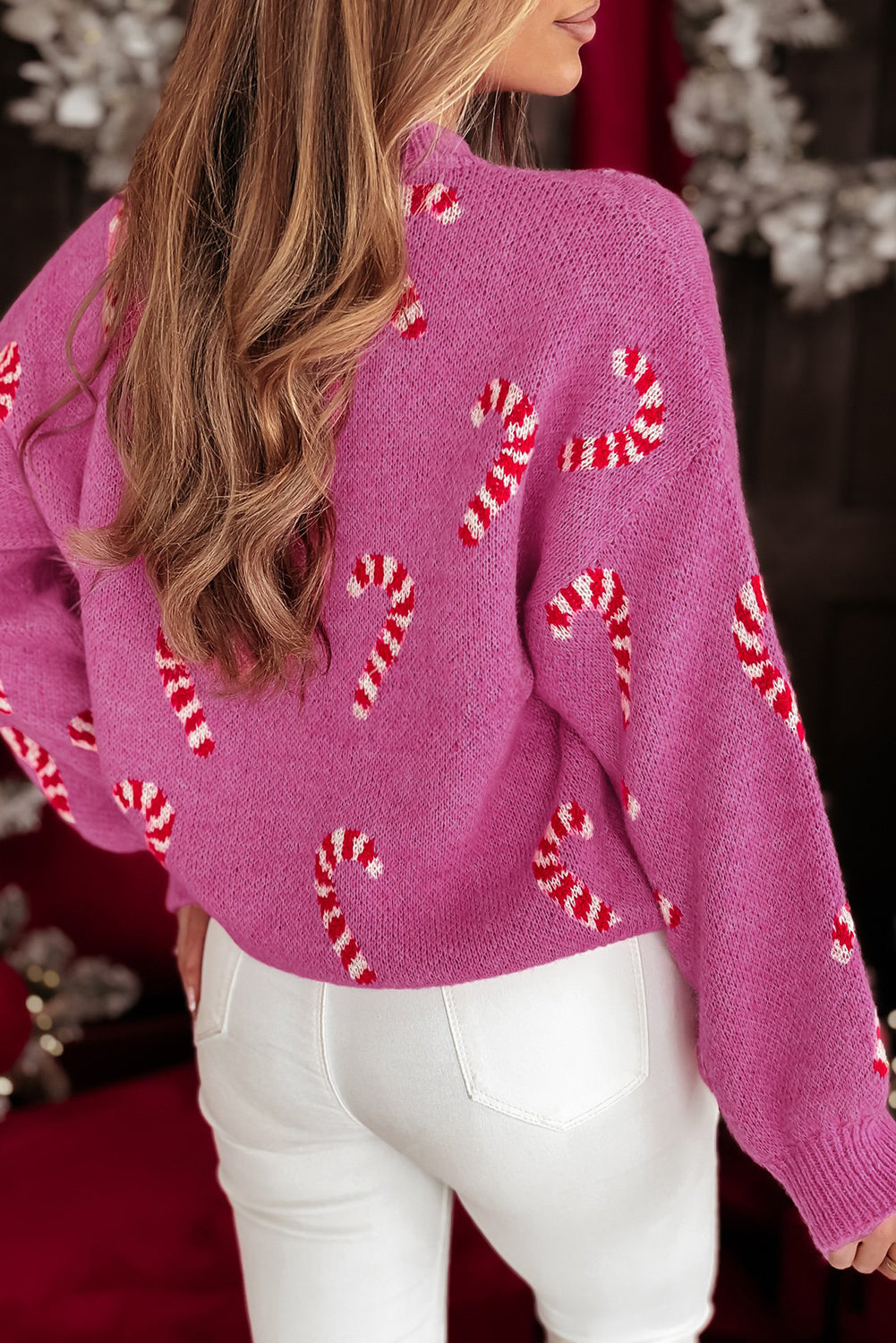 Womens Christmas Candy Cane Holiday Drop Shoulder Sweater