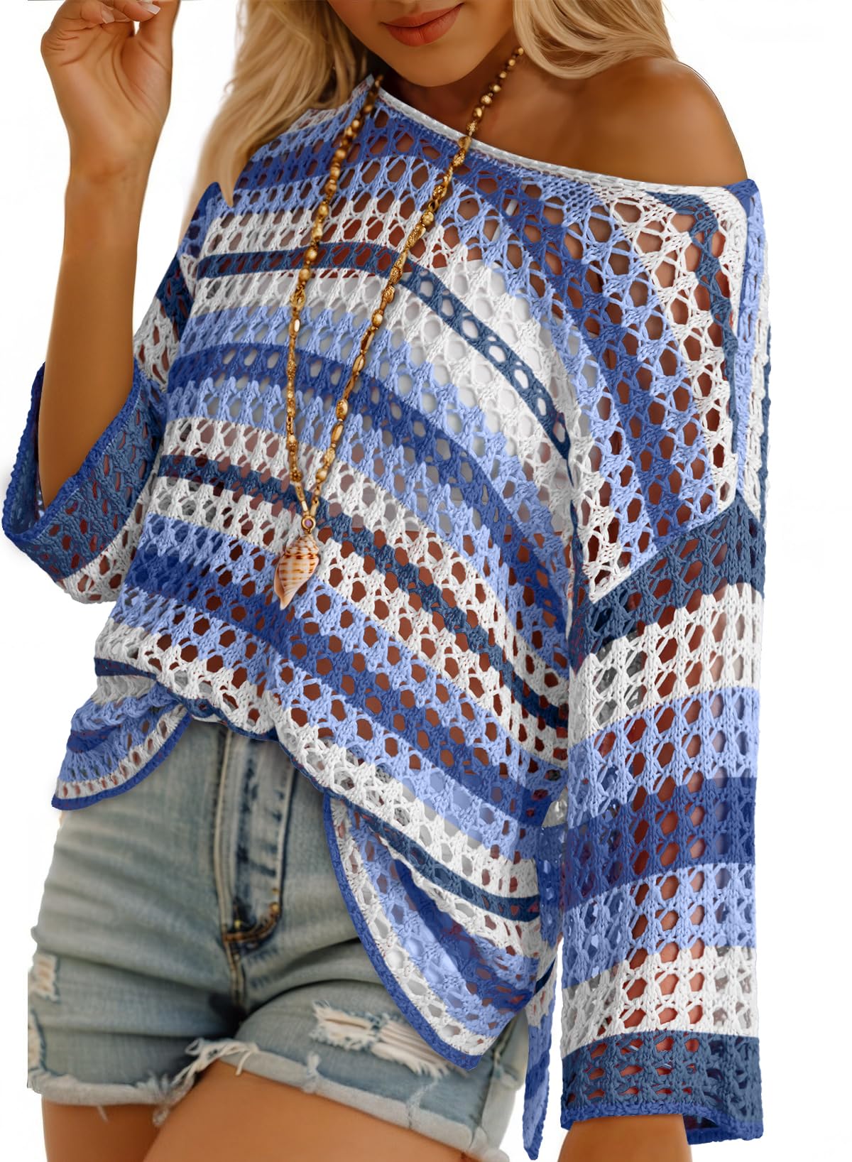 Women's 3/4 Sleeve Hollow Out Color Block Striped Top