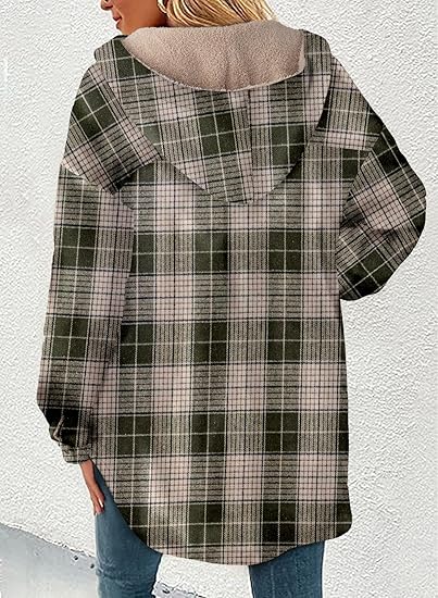 🔥Women's Flannel Hooded Plaid Shacket Thick Coat Fuzzy Fleece Jacket