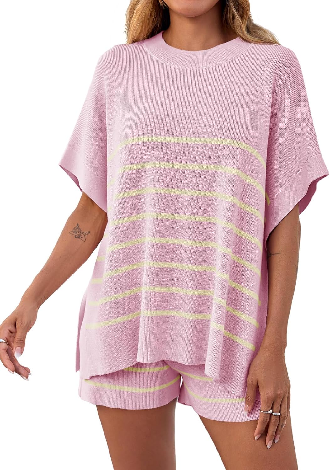Women's Striped 2-Piece Oversized Batwing Sleeve Short Sleeve Top and Shorts Set