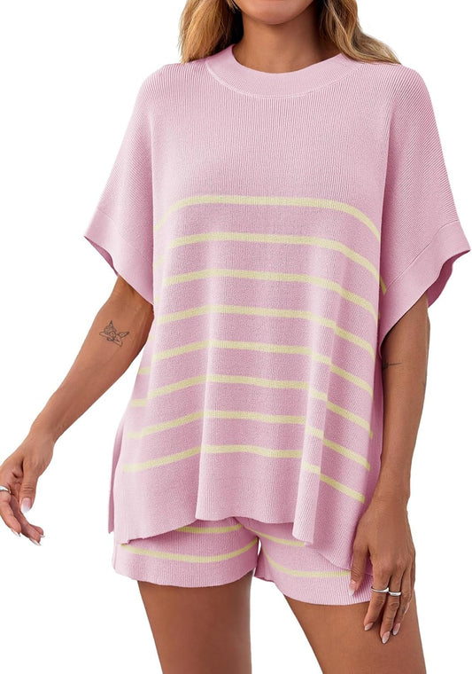 Women's Striped 2-Piece Oversized Batwing Sleeve Short Sleeve Top and Shorts Set