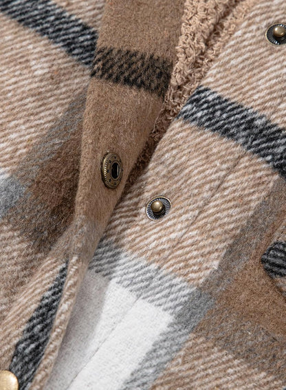 🔥Women's Flannel Hooded Plaid Shacket Thick Coat Fuzzy Fleece Jacket