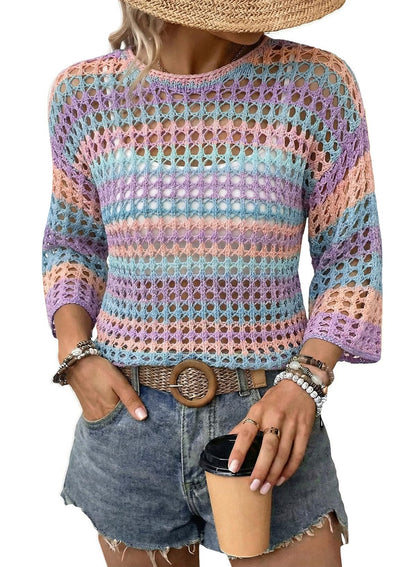 Women's 3/4 Sleeve Hollow Out Color Block Striped Top