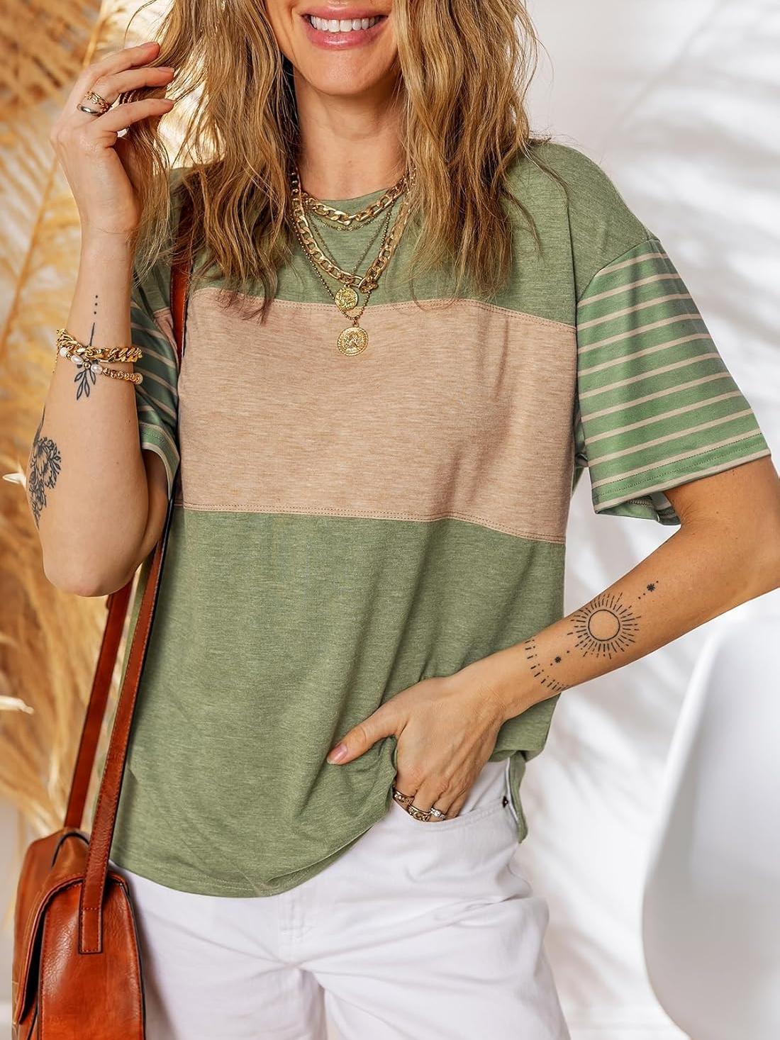 Womens Oversized Color Block Striped Shirts Top