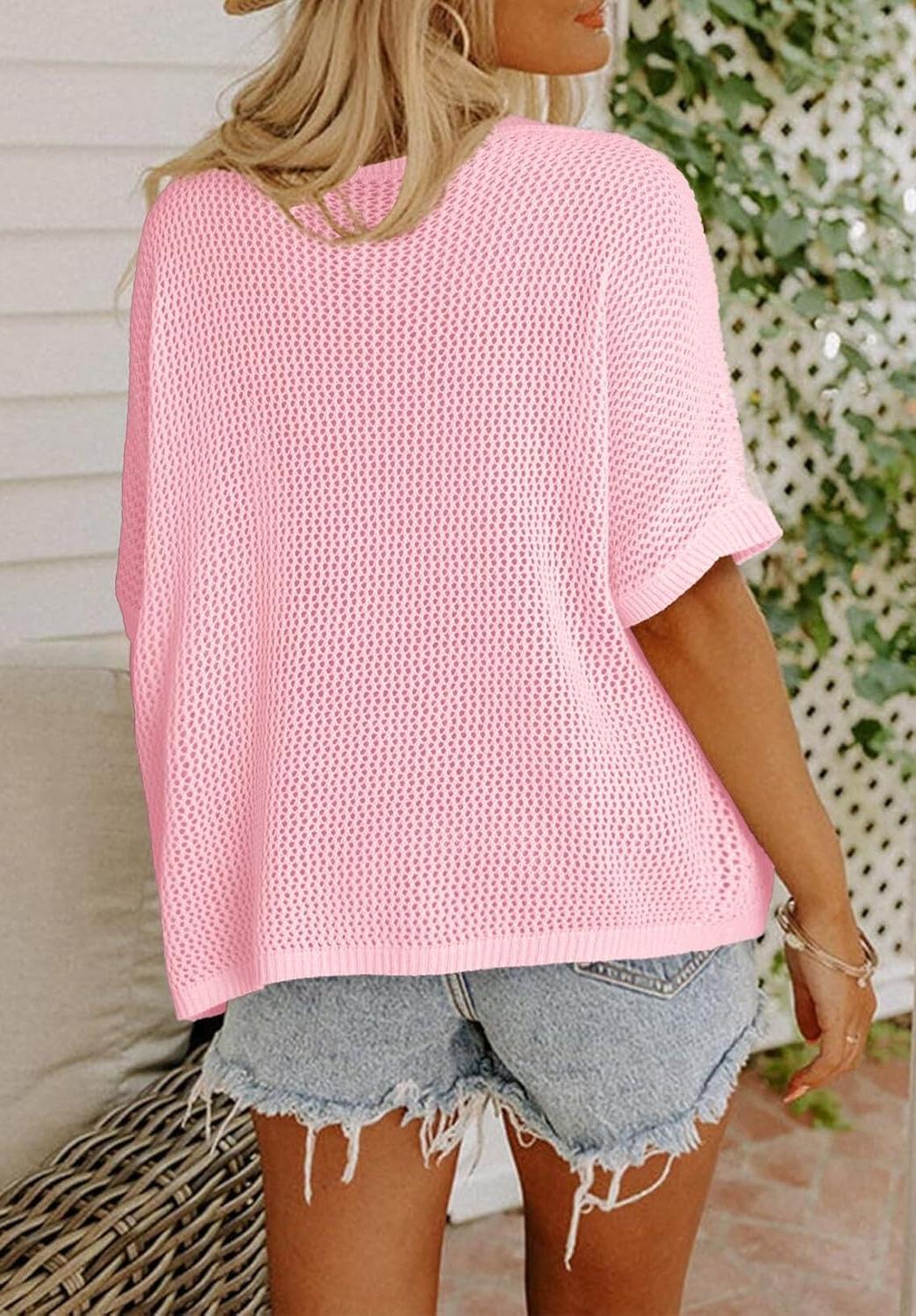 Womens Floral Cute Tops Short Sleeve Crochet Cover Ups Knit Sweater Pullover