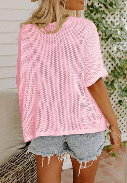 Womens Floral Cute Tops Short Sleeve Crochet Cover Ups Knit Sweater Pullover