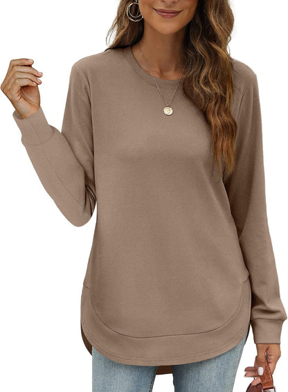 Womens Sweatshirt Crewneck Long Sleeve Shirts Tops Curved Hem