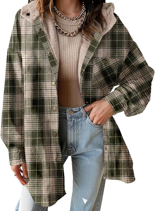 🔥Women's Flannel Hooded Plaid Shacket Thick Coat Fuzzy Fleece Jacket