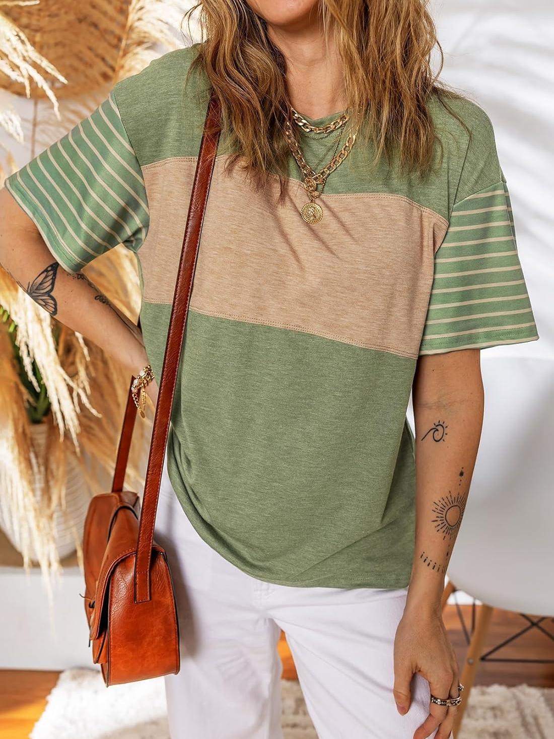 Womens Oversized Color Block Striped Shirts Top