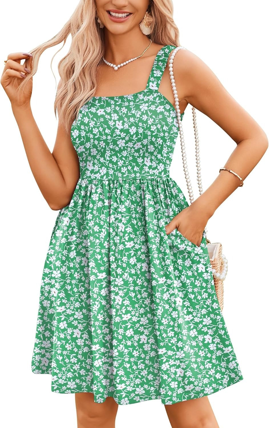 Women's Summer Square Neck A-Line Mini Dress with Pockets
