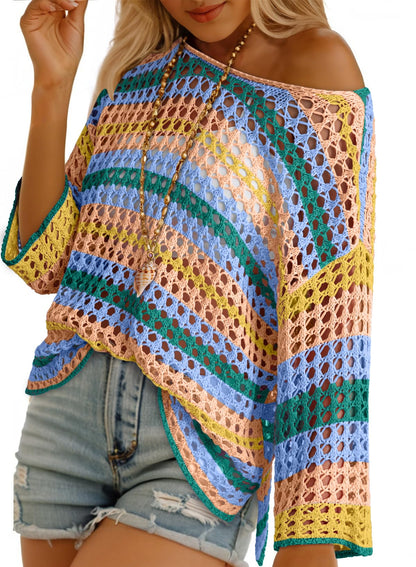 Women's 3/4 Sleeve Hollow Out Color Block Striped Top