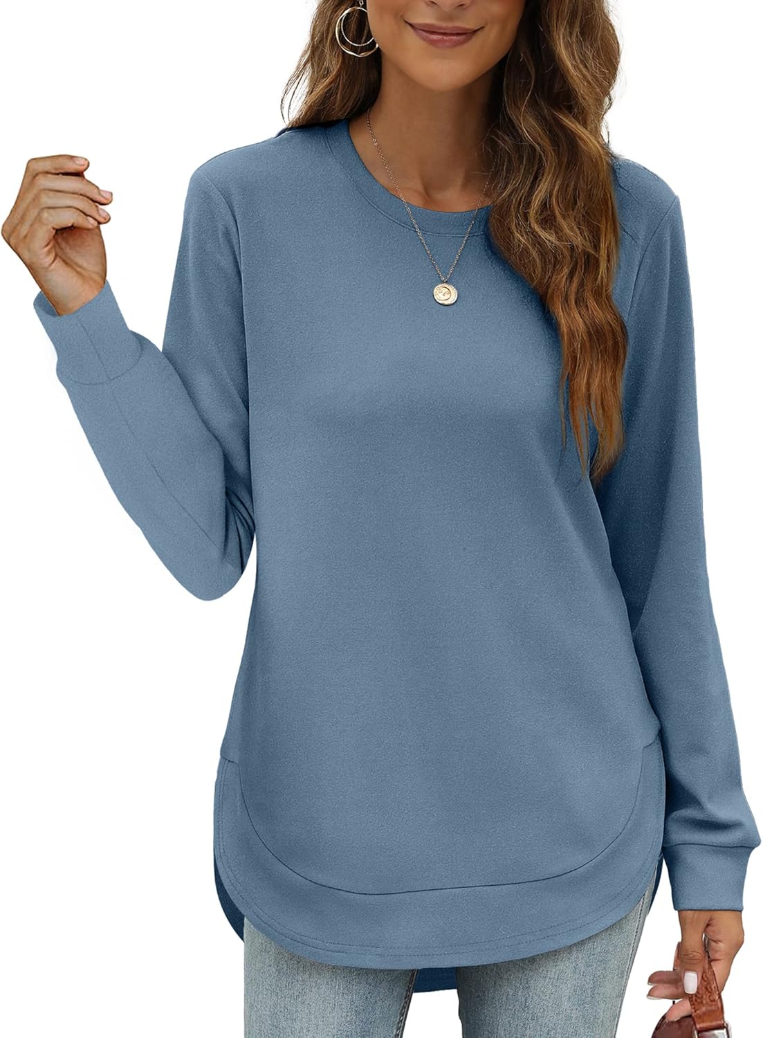 Womens Sweatshirt Crewneck Long Sleeve Shirts Tops Curved Hem