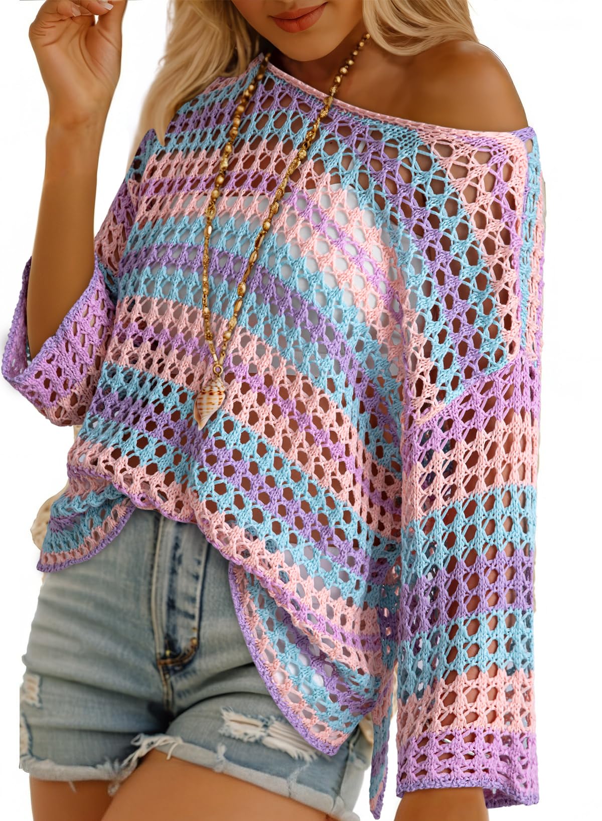 Women's 3/4 Sleeve Hollow Out Color Block Striped Top