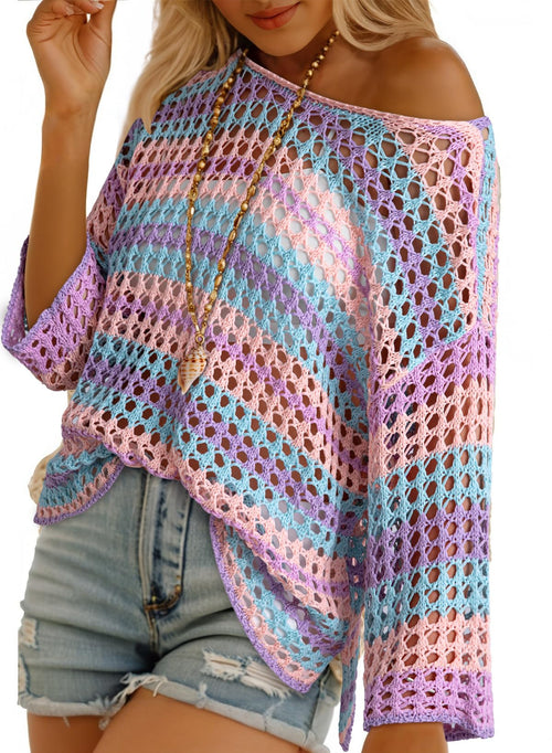 Women's 3/4 Sleeve Hollow Out Color Block Striped Top