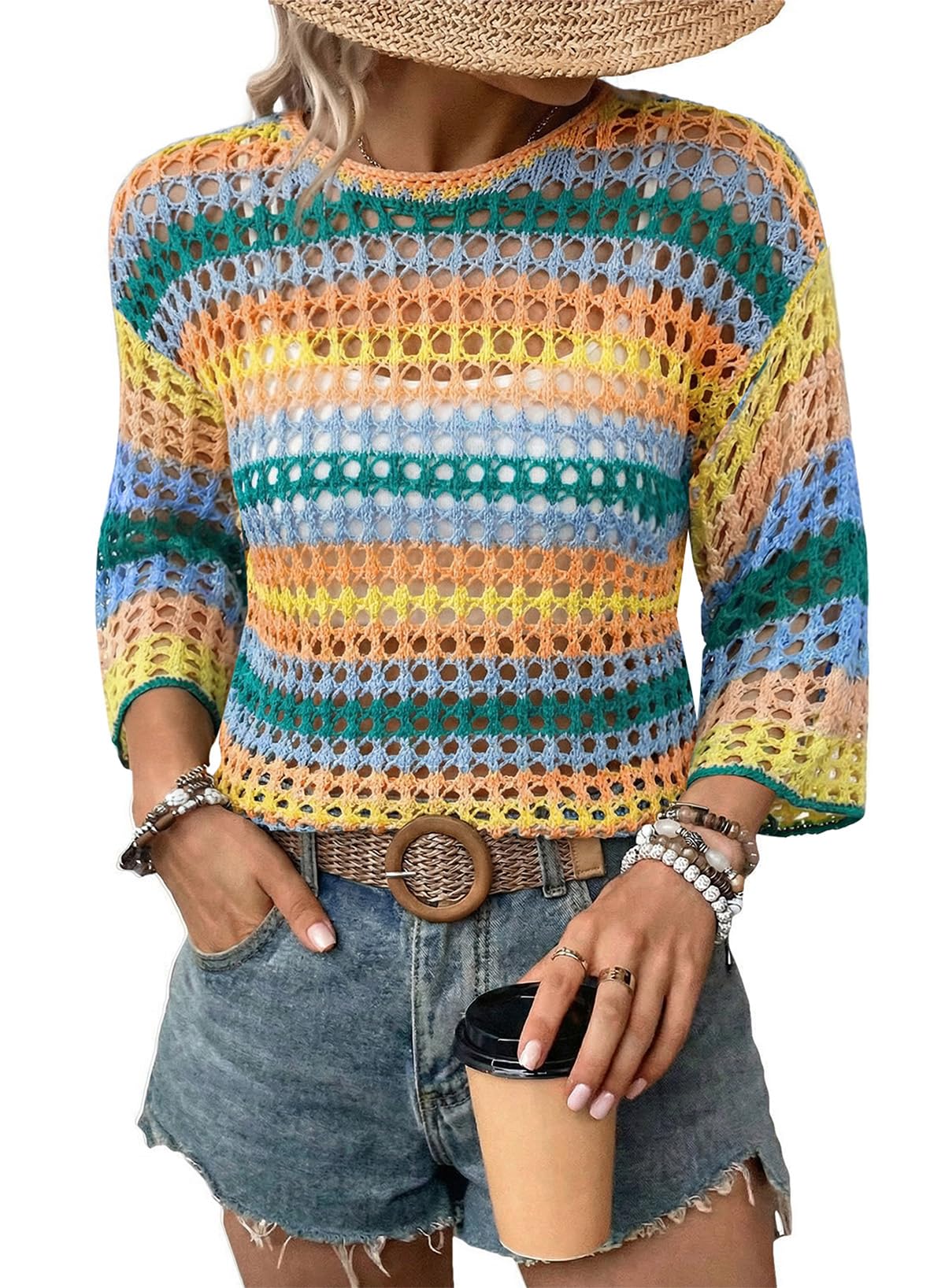 Women's 3/4 Sleeve Hollow Out Color Block Striped Top