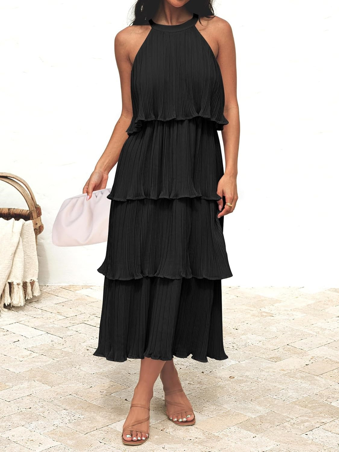 Women's Summer Halter Neck Ruffle Tiered Layered Chiffon Flowy Swing Midi Dress