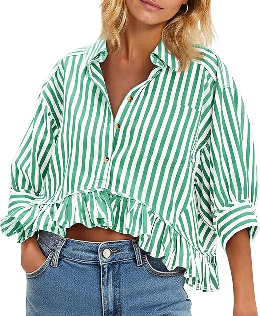 Women's 3/4 Length Sleeve Striped Button Down Shirt Ruffle Hem Blouses Top