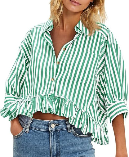 Women's 3/4 Length Sleeve Striped Button Down Shirt Ruffle Hem Blouses Top