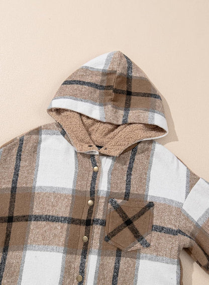 🔥Women's Flannel Hooded Plaid Shacket Thick Coat Fuzzy Fleece Jacket