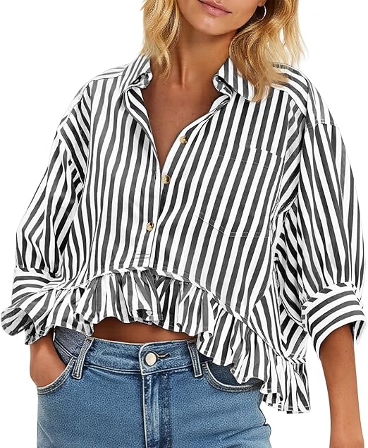 Women's 3/4 Length Sleeve Striped Button Down Shirt Ruffle Hem Blouses Top