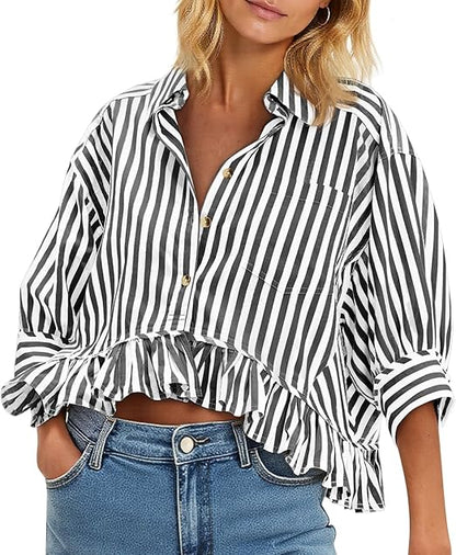 Women's 3/4 Length Sleeve Striped Button Down Shirt Ruffle Hem Blouses Top