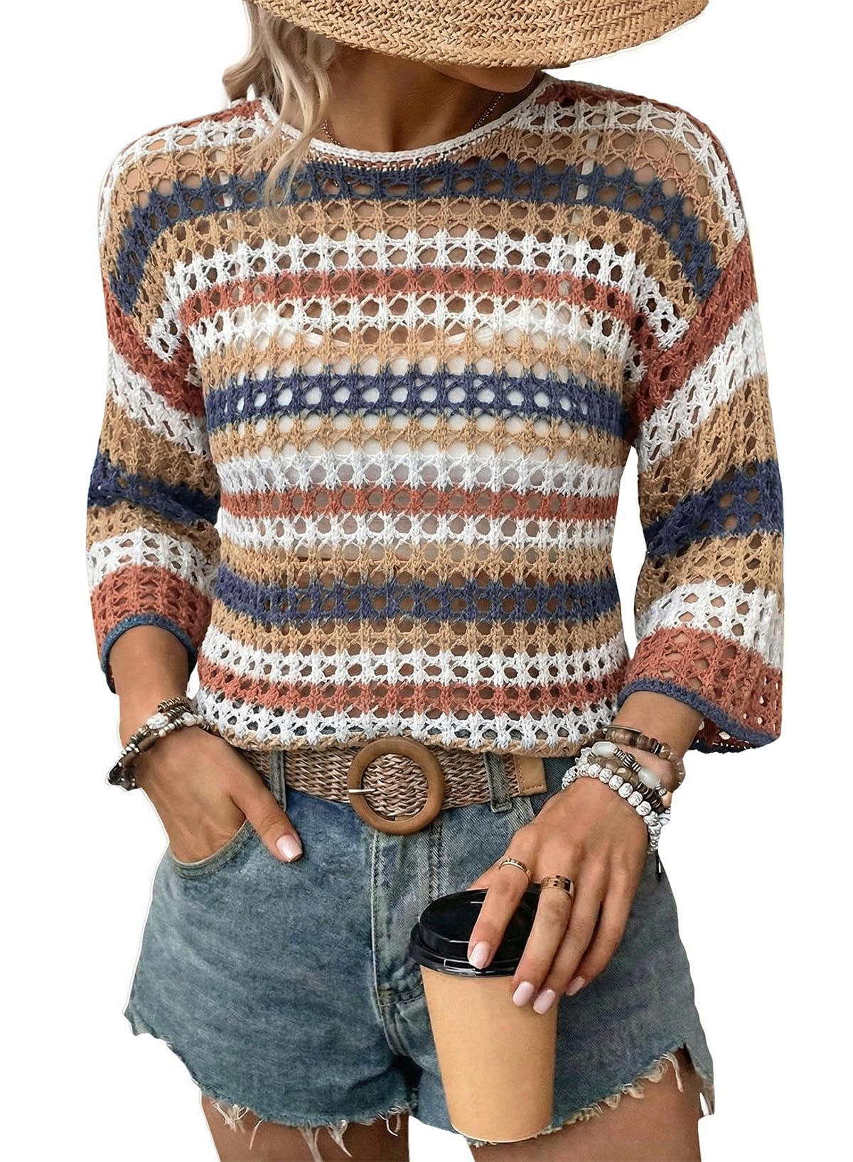 Women's 3/4 Sleeve Hollow Out Color Block Striped Top