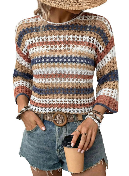 Women's 3/4 Sleeve Hollow Out Color Block Striped Top