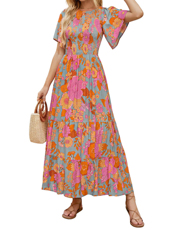Women's Casual Floral Print Short Flutter Sleeve Smocked High Waist Flowy Maxi Dress