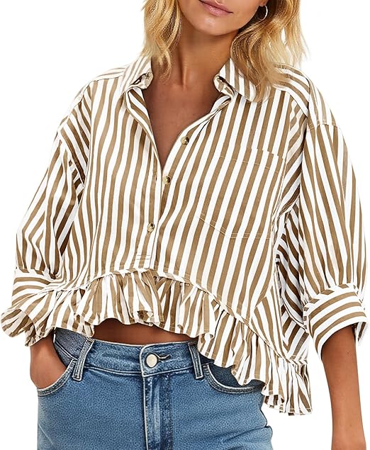 Women's 3/4 Length Sleeve Striped Button Down Shirt Ruffle Hem Blouses Top