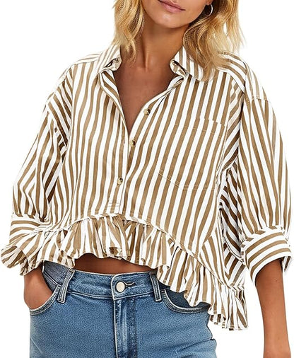 Women's 3/4 Length Sleeve Striped Button Down Shirt Ruffle Hem Blouses Top