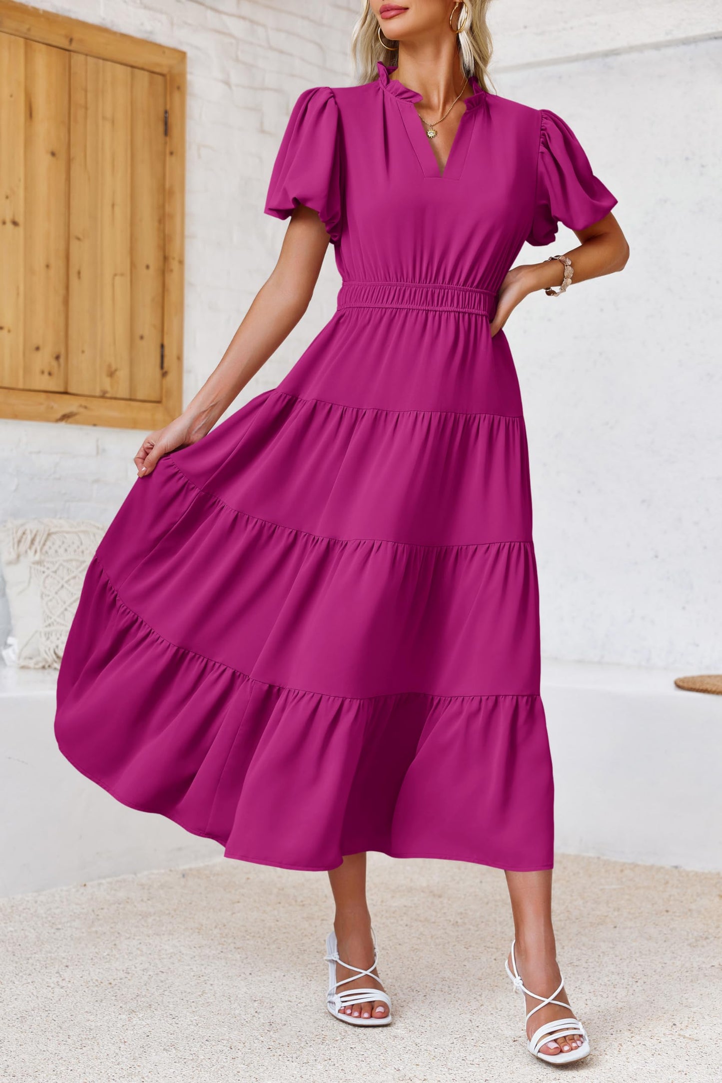 Womens Puff Short Sleeve V Neck Flowy Tiered Beach A-Line Dresses