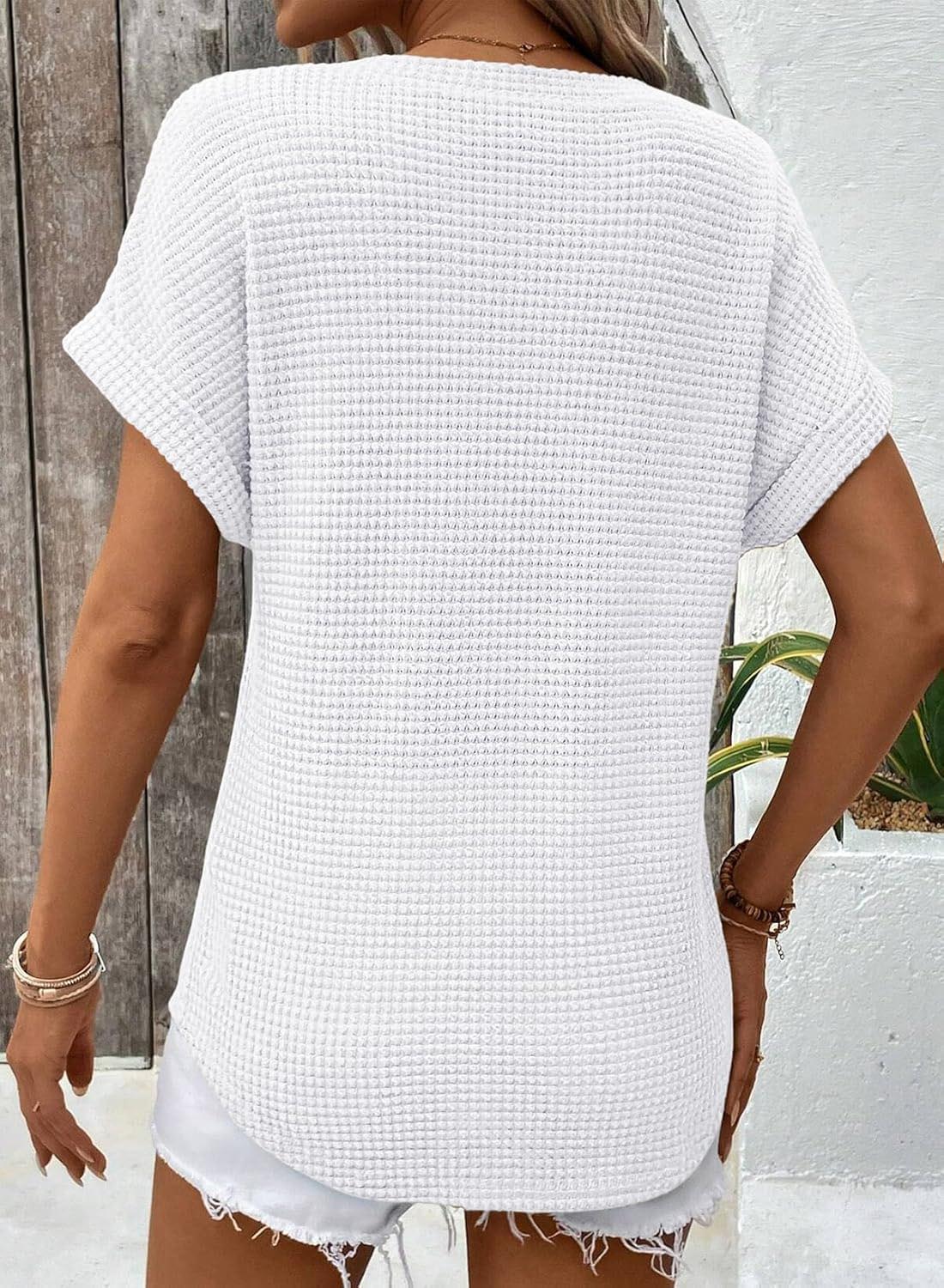 Women's Oversized Waffle V Neck Short Sleeve Casual Top