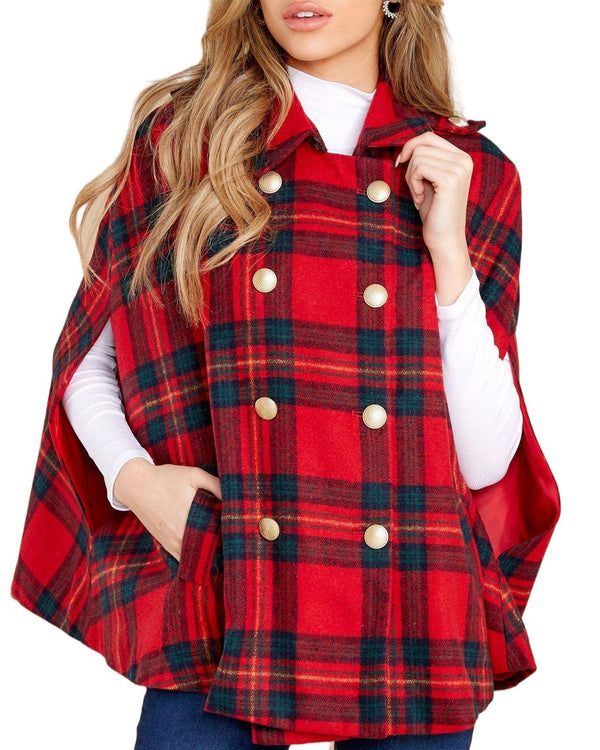Women's Plaid Double Breasted Winter Cape Turn Down Poncho Coats(Buy 2 Free Shipping)