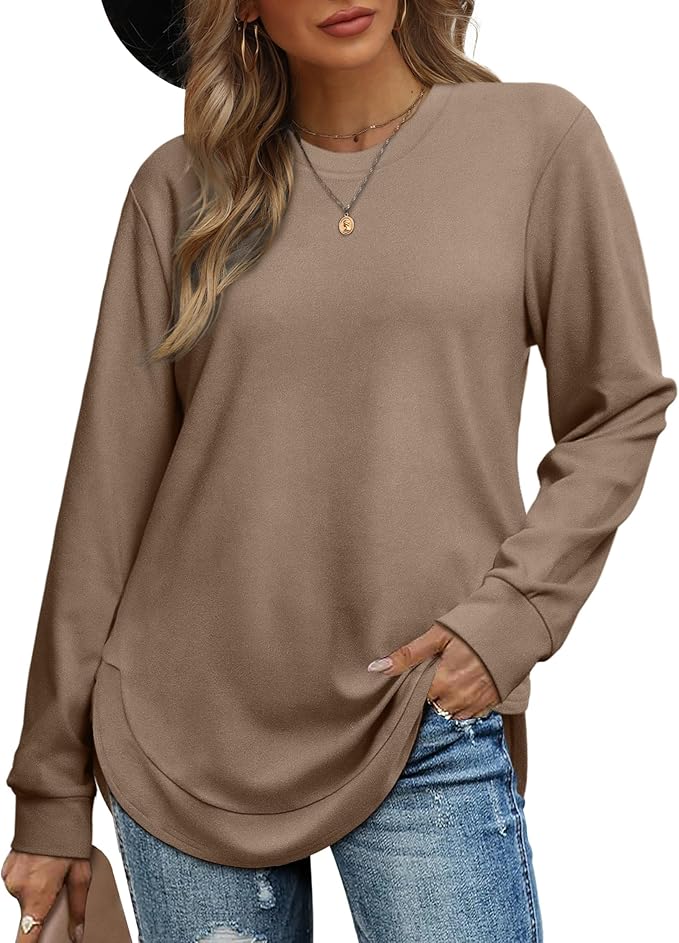 Womens Sweatshirt Crewneck Long Sleeve Shirts Tops Curved Hem
