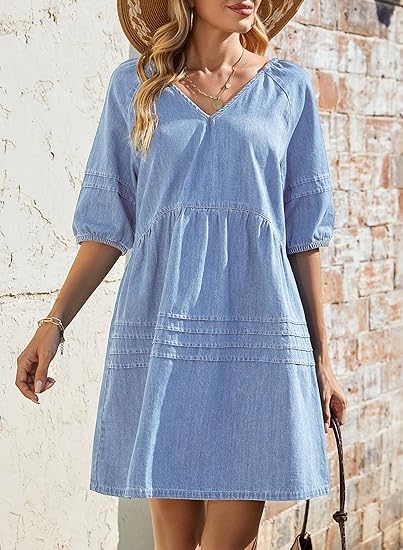 Women Casual V Neck Puff Short Sleeve Denim Dress