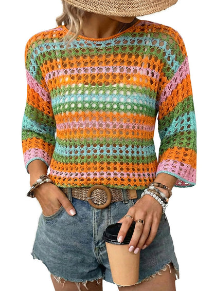 Women's 3/4 Sleeve Hollow Out Color Block Striped Top