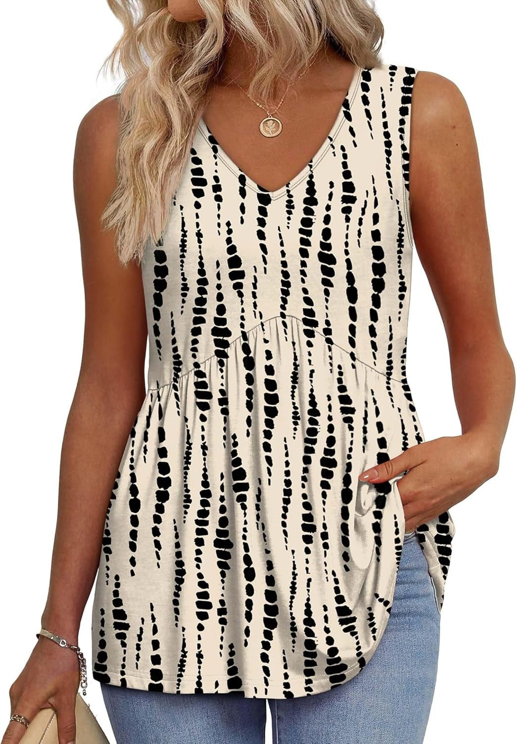 Women's Print Flowy Sleeveless V Neck Peplum Tank Tops