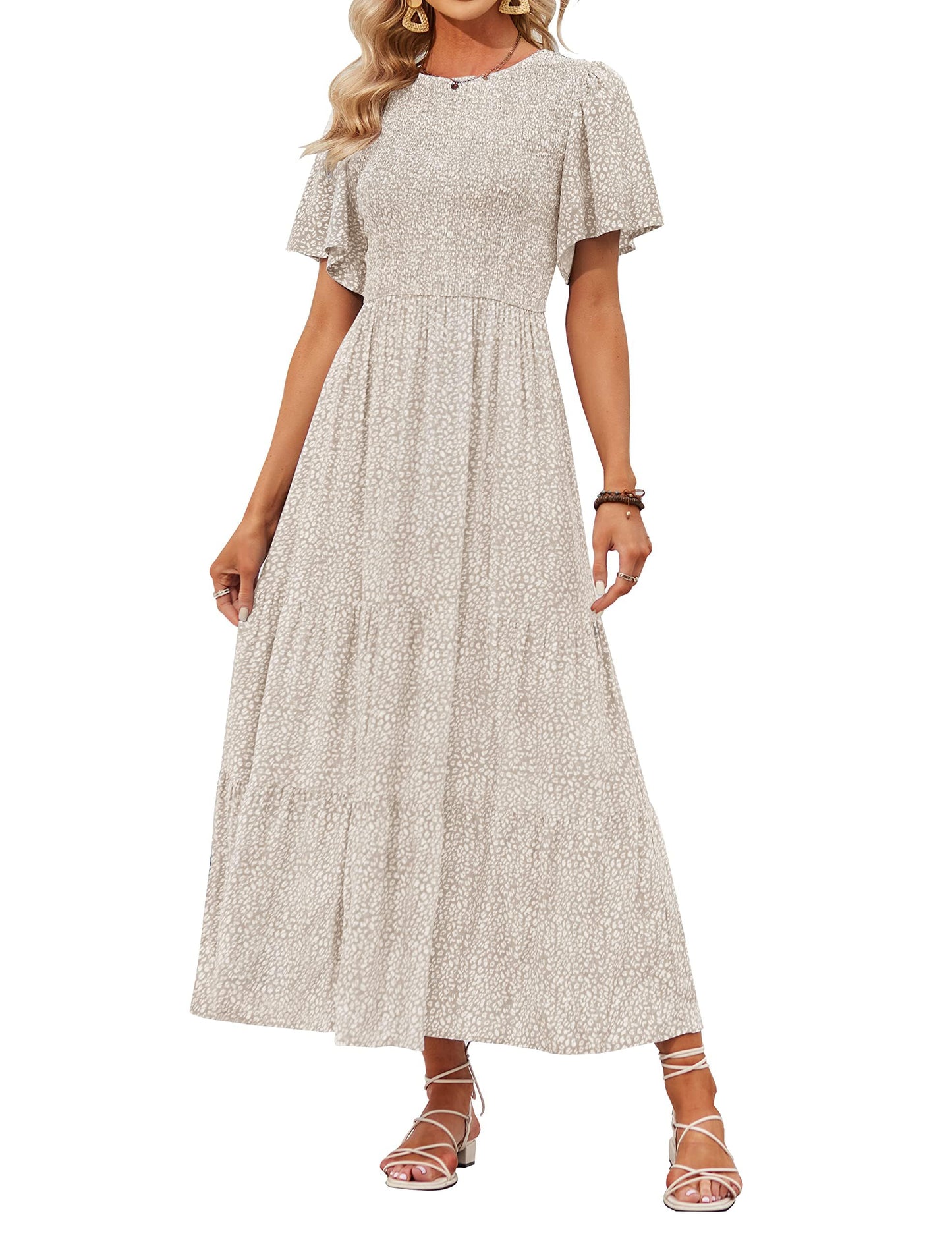 Women's Casual Floral Print Short Flutter Sleeve Smocked High Waist Flowy Maxi Dress