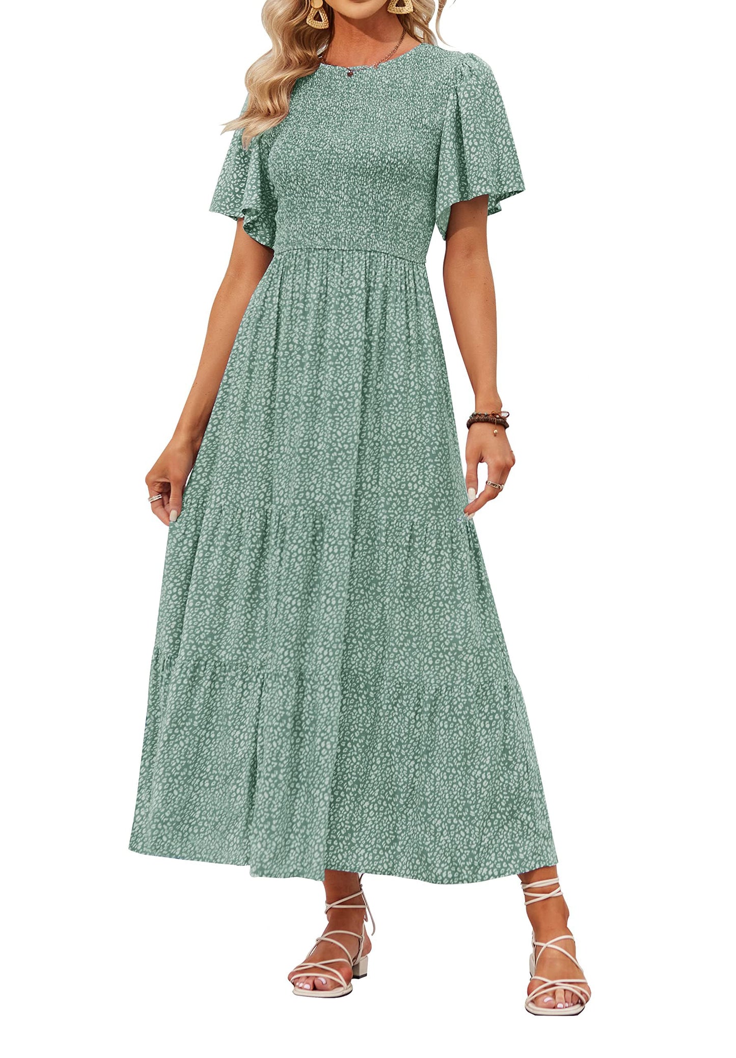 Women's Casual Floral Print Short Flutter Sleeve Smocked High Waist Flowy Maxi Dress