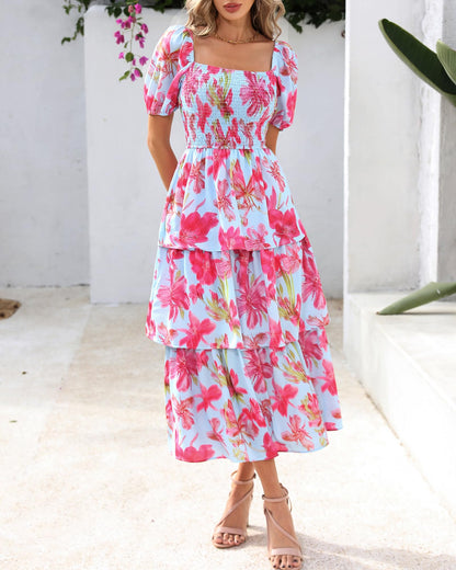 Women's Floral Square Neck Puff Short Sleeve Smocked Tiered Dress