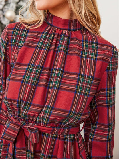 Women's A-line Mini Dress Plaid Flowing Long Sleeves Ruffled Party Casual Dress