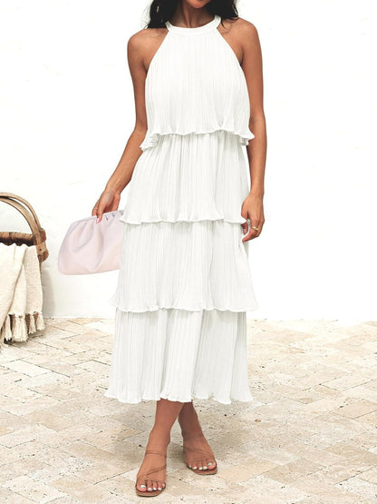 Women's Summer Halter Neck Ruffle Tiered Layered Chiffon Flowy Swing Midi Dress