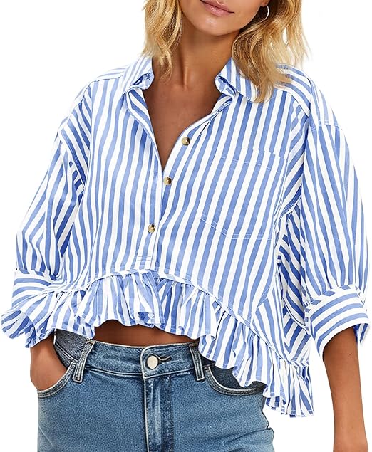 Women's 3/4 Length Sleeve Striped Button Down Shirt Ruffle Hem Blouses Top