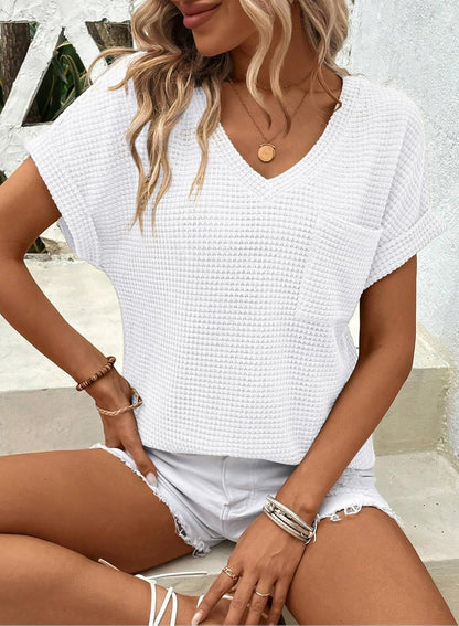 Women's Oversized Waffle V Neck Short Sleeve Casual Top