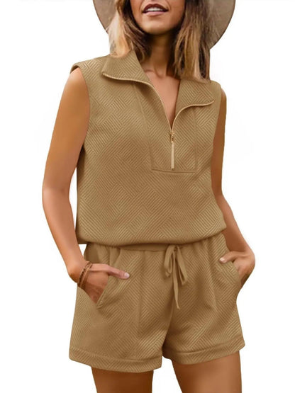Womens 2 Piece Outfits  extured Quarter-Zip Sleeveless Tops with Shorts